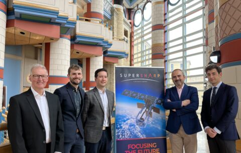 From left to right: SuperSharp chief science officer Ian Parry, chief technology officer George Hawker, and CEO Marco Gomez-Jenkins, with Satlantis CEO Juan Tomas Hernani and business development manager Ignacio Mares. Credit: Satlantis